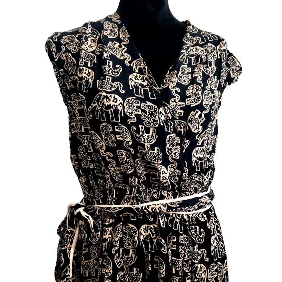 Anthropologie Maeve Black Safari Elephant Print Wrap Dress Size Medium - Picture 3 of 11